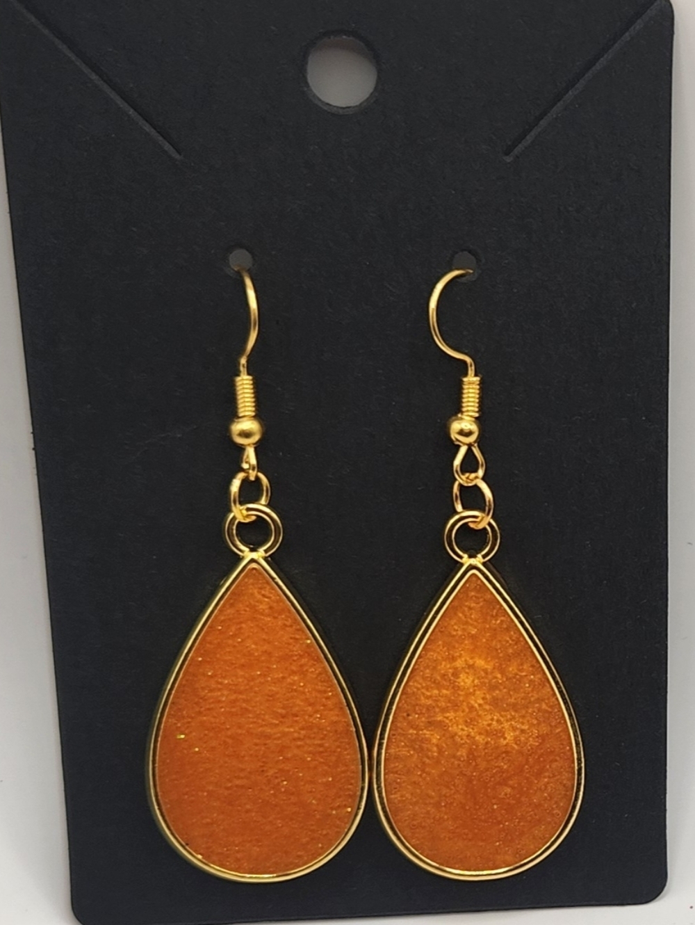 Handmade Orange Shimmer Resin Teardrop Earrings | 14k Gold Plated